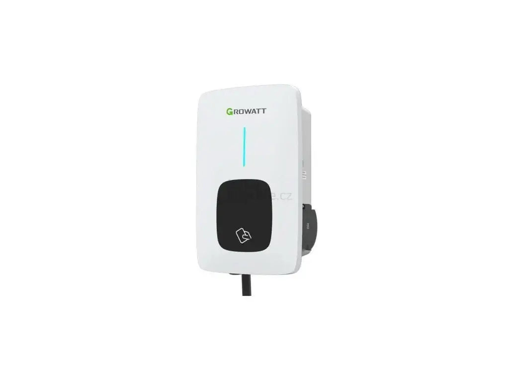 De Growatt THOR 22AS-P-V1 Slimme 22kW EV Lader met WiFi en Zonnepaneelkoppeling heeft een witte behuizing, zwart middenpaneel, blauw indicatielampje en een bodemkabel, verticaal gemonteerd tegen een effen witte achtergrond.