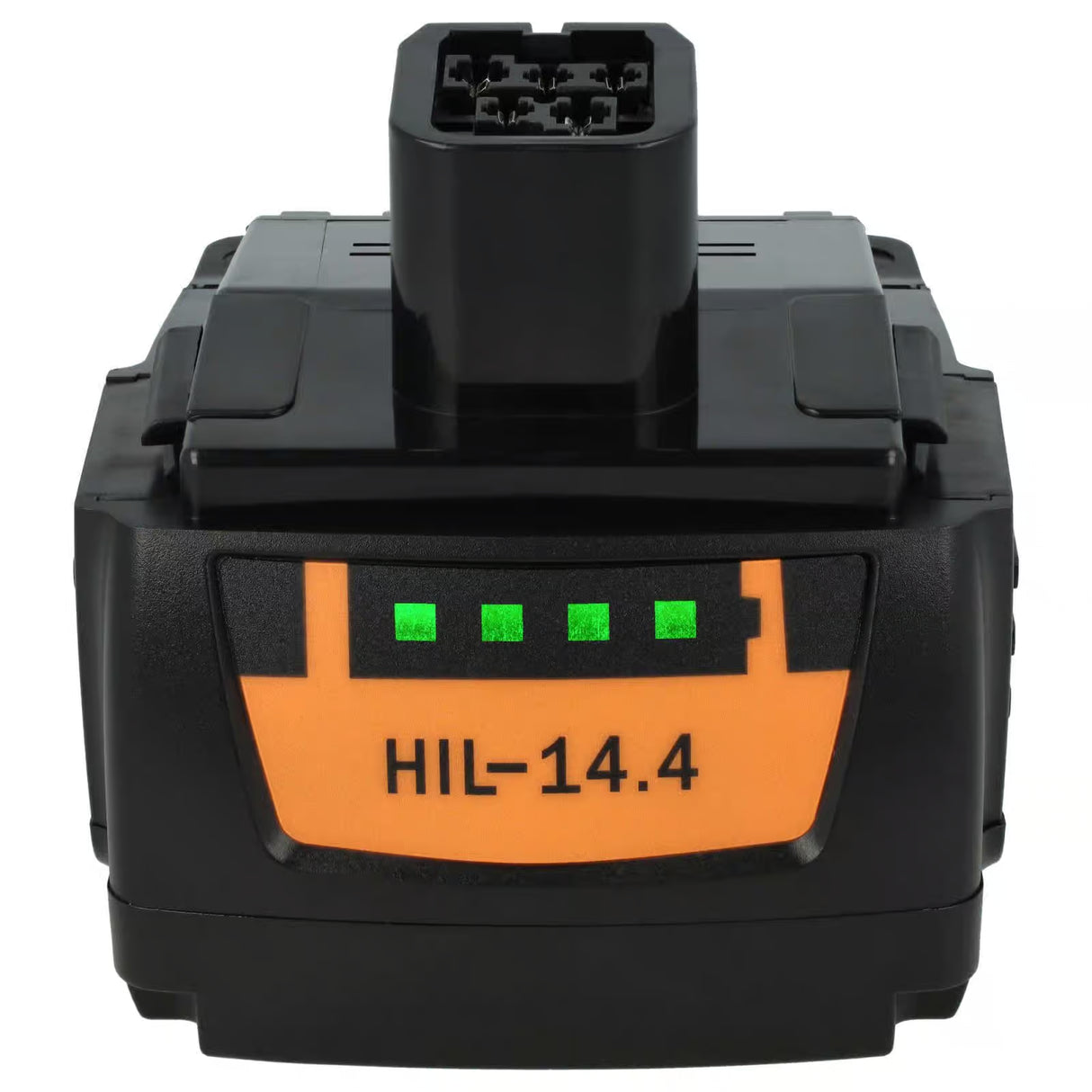 De Hilti 14,4 V Li-Ion accu, die de modellen B144/4.0, B144/3.3, B144/2.6, 2058264 en 2058263 vervangt, heeft een zwart en oranje ontwerp met vier groene indicatielampjes voor superieure prestaties van de oplaadbare accu.