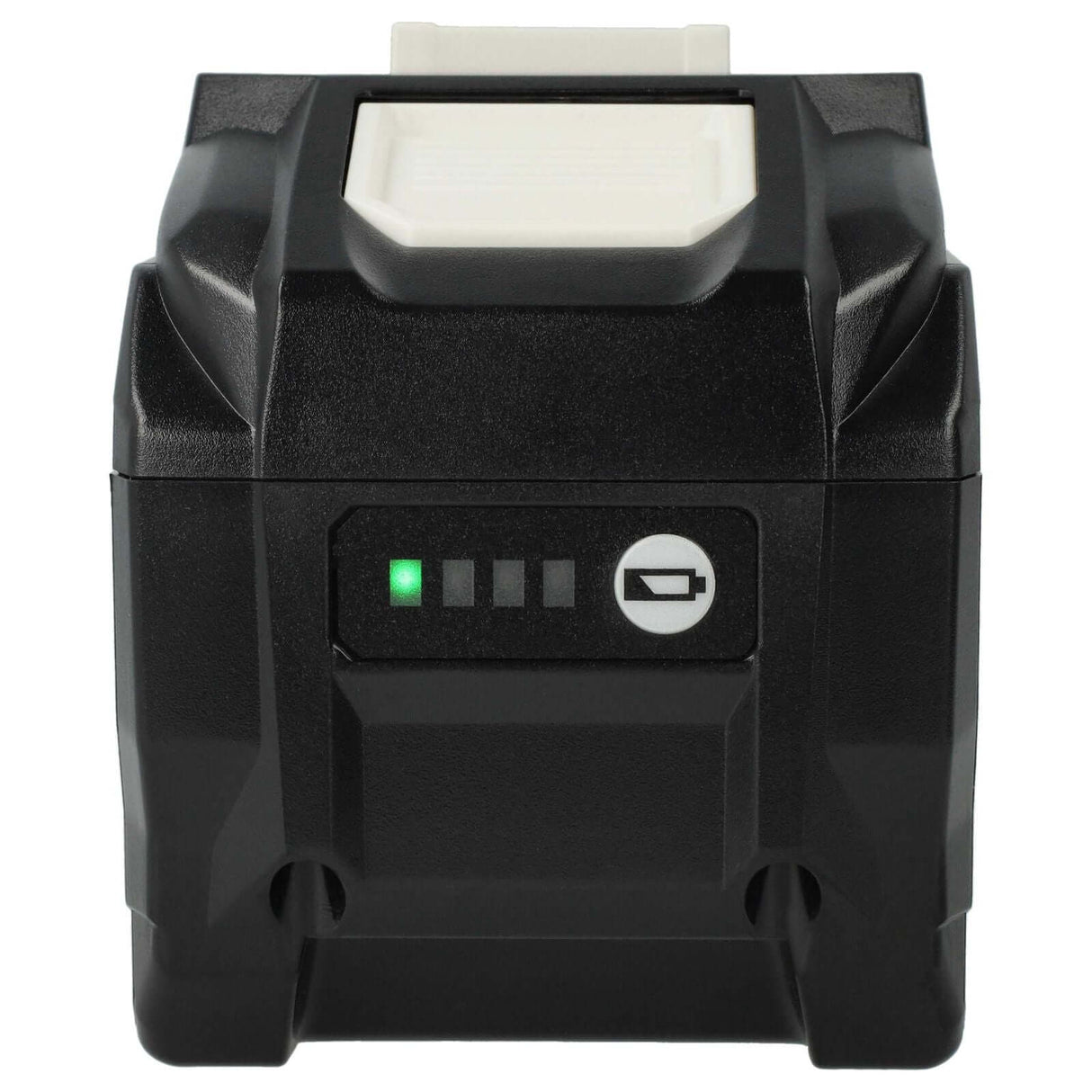 De Accu voor Makita gereedschap XGT 40V Li-Ion BL4040B is een zwarte oplaadbare accu met een witte bovenaansluiting en een accu-indicator aan de voorkant met een groen lampje en drie zwarte streepjes.