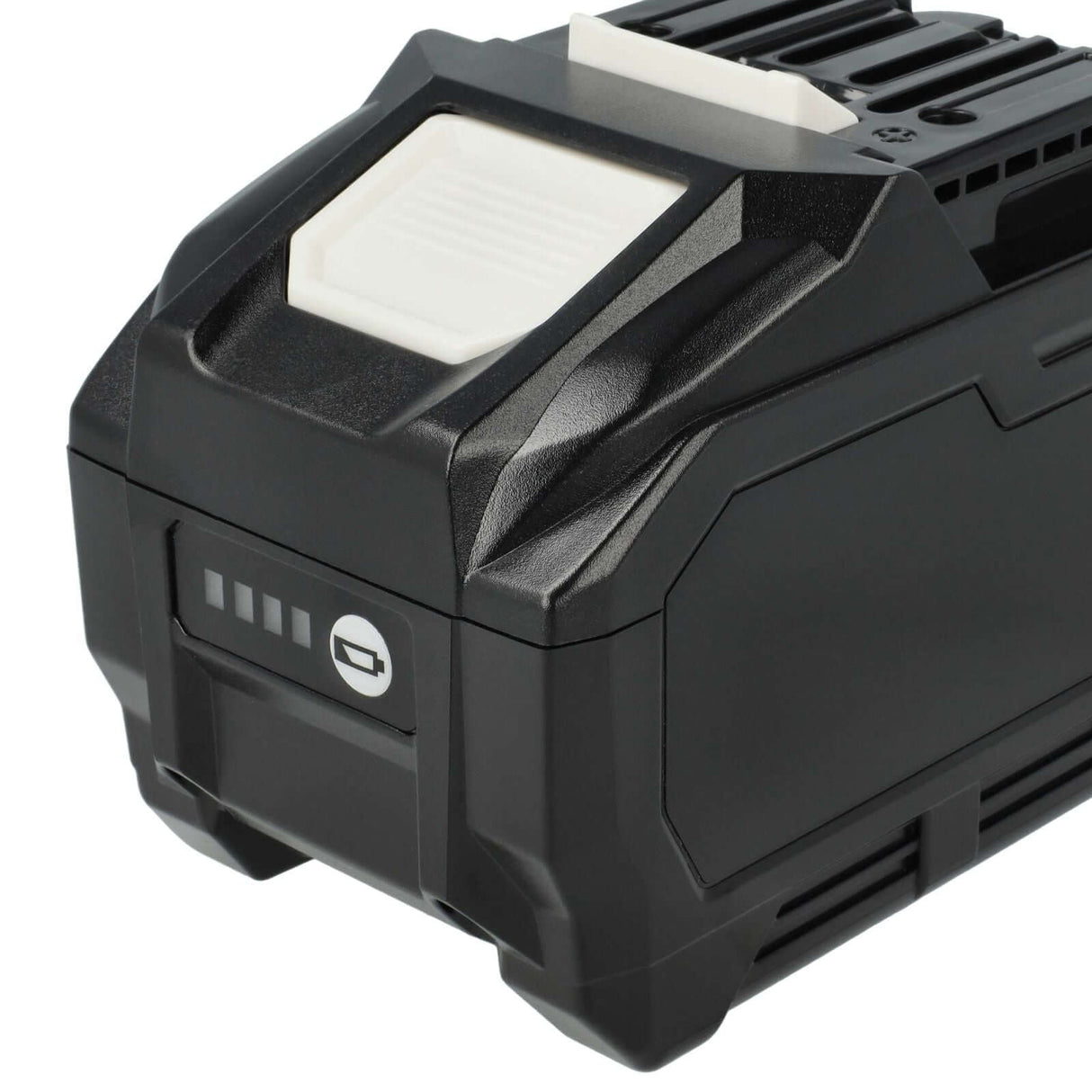Close-up van een Accu voor Makita gereedschap XGT 40V Li-Ion BL4040B, met de zwarte oplaadbare accu met een wit label, indicatielampjes en een aan/uit-symbool op de zijkant.