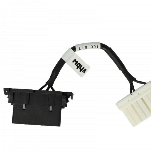 De Adapter OBD2 op 12Pin voor Tesla Model S (2012-09/2015) is een zwart-witte kabel met gelabelde labels en verschillende stekkers, ontworpen voor het diagnosticeren van oudere Tesla-modellen, afgebeeld tegen een witte achtergrond.