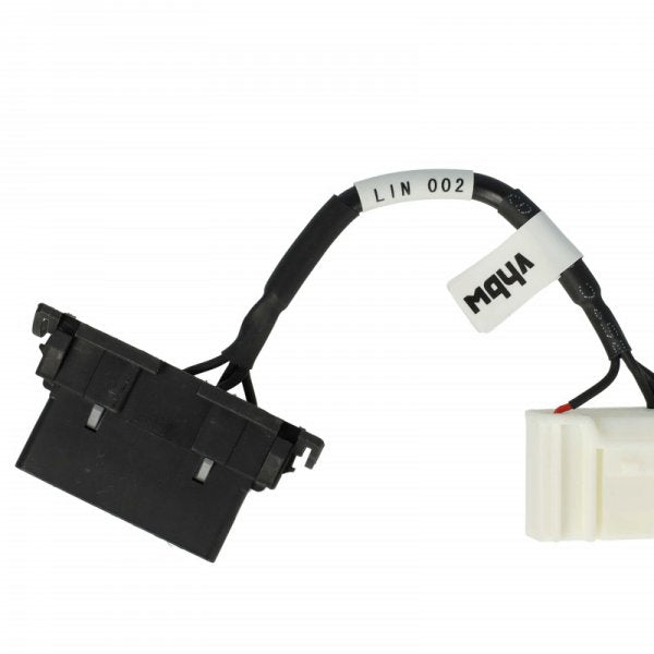 Een close-up van de Adapter OBD2 op 20Pin voor Tesla Model S/X (Vanaf 09/2015) - CAN-bus Interface, met een zwarte LIN 002 connectorkabel aan een witte connector, tegen een effen witte achtergrond.