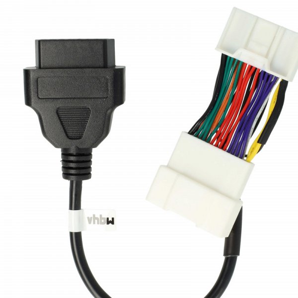 Een zwarte Adapterkabel Tesla Model 3/Y (26Pin op OBD2) met zichtbare kleurrijke draden en witte connectoren, ontworpen voor toegang tot CAN-bus gegevens en compatibel met Tesla Model 3 en Model Y, geïsoleerd op een witte achtergrond.