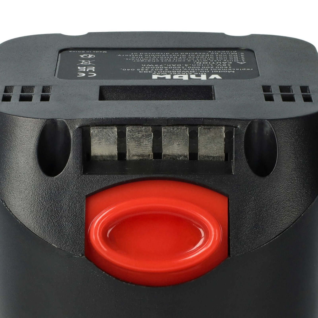 Close-up van een Bosch 18V accu vervanger - Li-Ion vervanger voor 1 600 Z00 000, 1 600 A00 DD7, 2 607 335 040. De zwarte accu heeft een rode ontgrendelknop en metalen contacten, geschikt voor Bosch gereedschap.