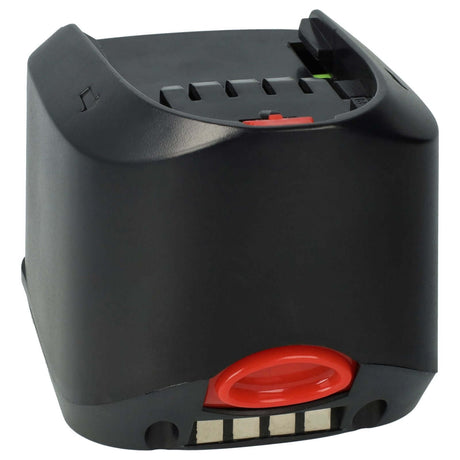 Een close-up van de Bosch 18V accu vervanger Li-Ion accupack, die de 1 600 Z00 000, 1 600 A00 DD7 en 2 607 335 040 modellen vervangt, met aan één kant een rode ontgrendelknop en metalen aansluitingen.