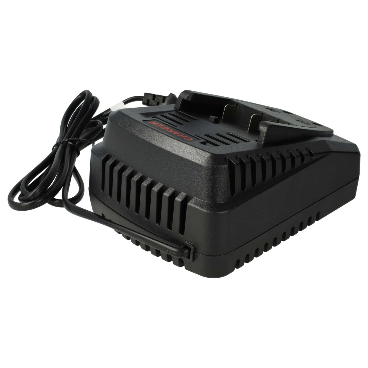 Een zwarte Bosch lader voor 14,4V & 18V Li-Ion accu's, compatibel met BAT607, BAT614, BAT618 en vervangt 2 607 336 078, 2607336078 (DDS180-serie), met koelingsventilatie en netnoer, getoond op een witte achtergrond.