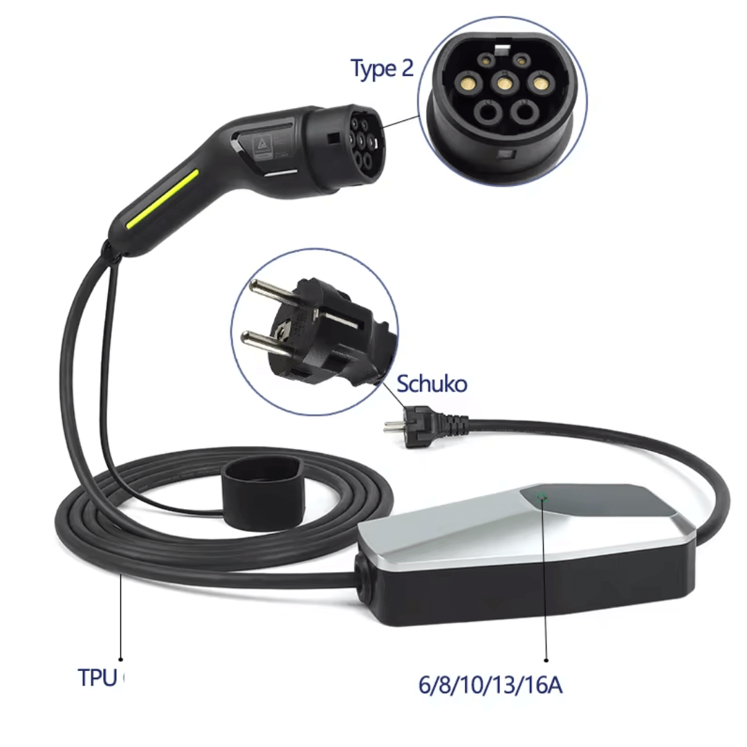 Thuislader stopcontact type 2 voor elektrische auto, 1-fase, 6A-16A (1,3kW-3,6kW), lengte: 4/6/10/15m. Voorzien van zwart TPU-kabel, duidelijke connectorlabels en stroomsterkte-instelling. Ideaal als mobiele thuislader.