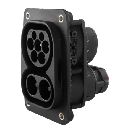 Een close-up van de CCS 2 stopcontact auto-oplaadcontact, met meerdere poorten op een zwarte rechthoekige plaat met vier schroeven, ontworpen voor 200A DC ultrasnelladen en 32A AC opladen.