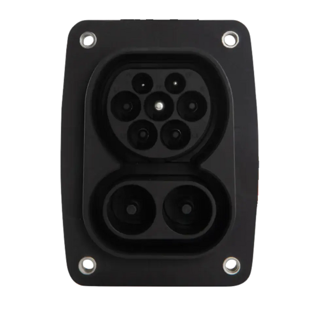 Het CCS 2 stopcontact auto ondersteunt 200A DC ultrasnelladen en 32A AC, met zeven ronde aansluitgaten op een zwarte plaat die wordt vastgezet met vier schroeven, zodat je elektrische voertuig veilig wordt opgeladen.