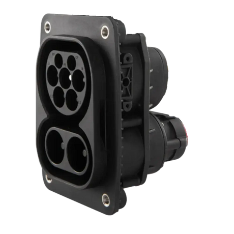 De 🇳🇱 CCS2 stopcontact voor auto | 150A DC | 32A AC is een zwarte EV-laadaansluiting met meerdere ronde en langwerpige poorten, gemonteerd op een rechthoekige basis met vier hoekschroeven.