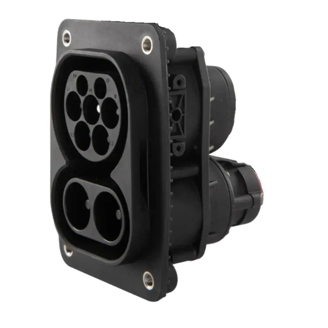 De 🇳🇱 CCS2 stopcontact voor auto | 150A DC | 32A AC is een zwarte EV-laadaansluiting met meerdere ronde en langwerpige poorten, gemonteerd op een rechthoekige basis met vier hoekschroeven.