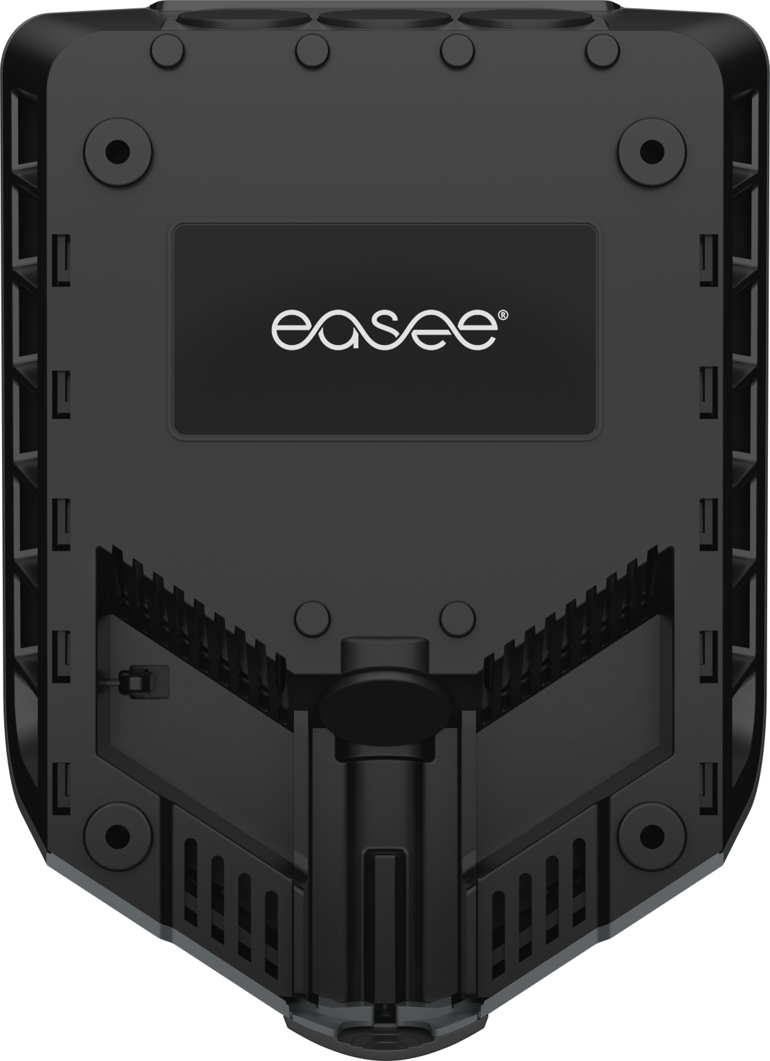 De Easee Charge Up Slimme EV Thuislader 22kW Type 2 in zwart heeft een zwart rechthoekig ontwerp met geventileerde openingen en een centraal wit Easee logo - van bovenaf gezien op een witte achtergrond, perfect voor het slim thuis opladen van EV's.