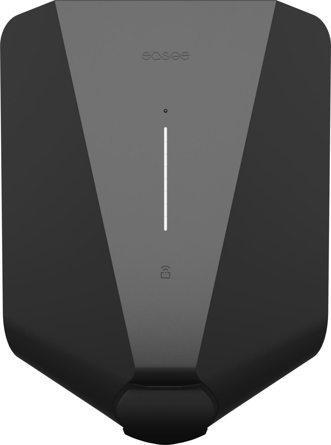De Easee Charge Up Slimme EV Thuislader 22kW Type 2 - Zwart heeft een gestroomlijnd zwart en grijs minimalistisch ontwerp, een verticaal LED-lampje, een klein slotpictogram eronder en de easee-merknaam bovenaan.