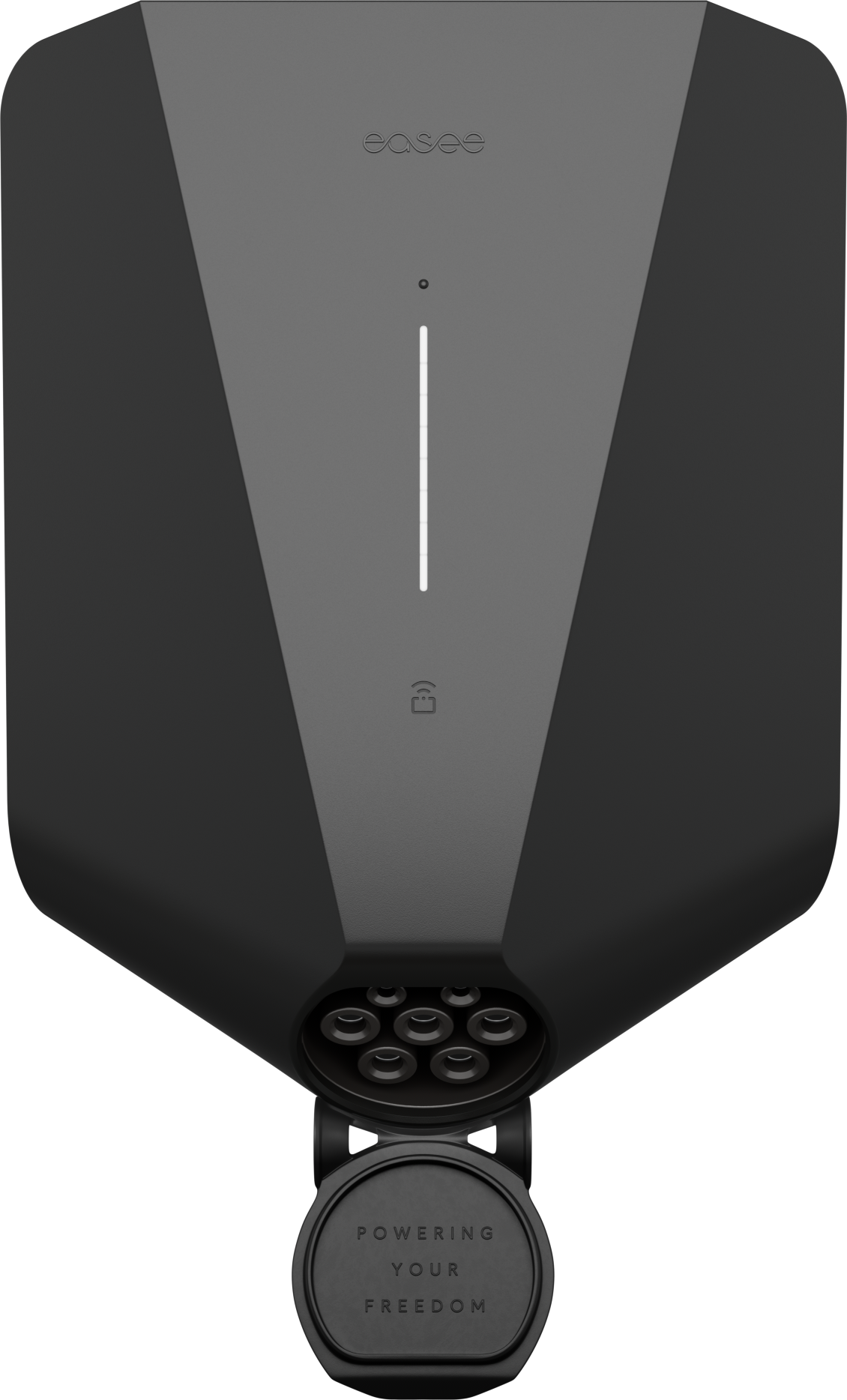 De Easee Charge Up Slimme EV Thuislader 22kW Type 2 - Zwart is een zwart-grijs laadstation met een rond stopcontact en "POWERING YOUR FREEDOM" op het deksel - ideaal als toekomstbestendige EV-lader voor thuis.