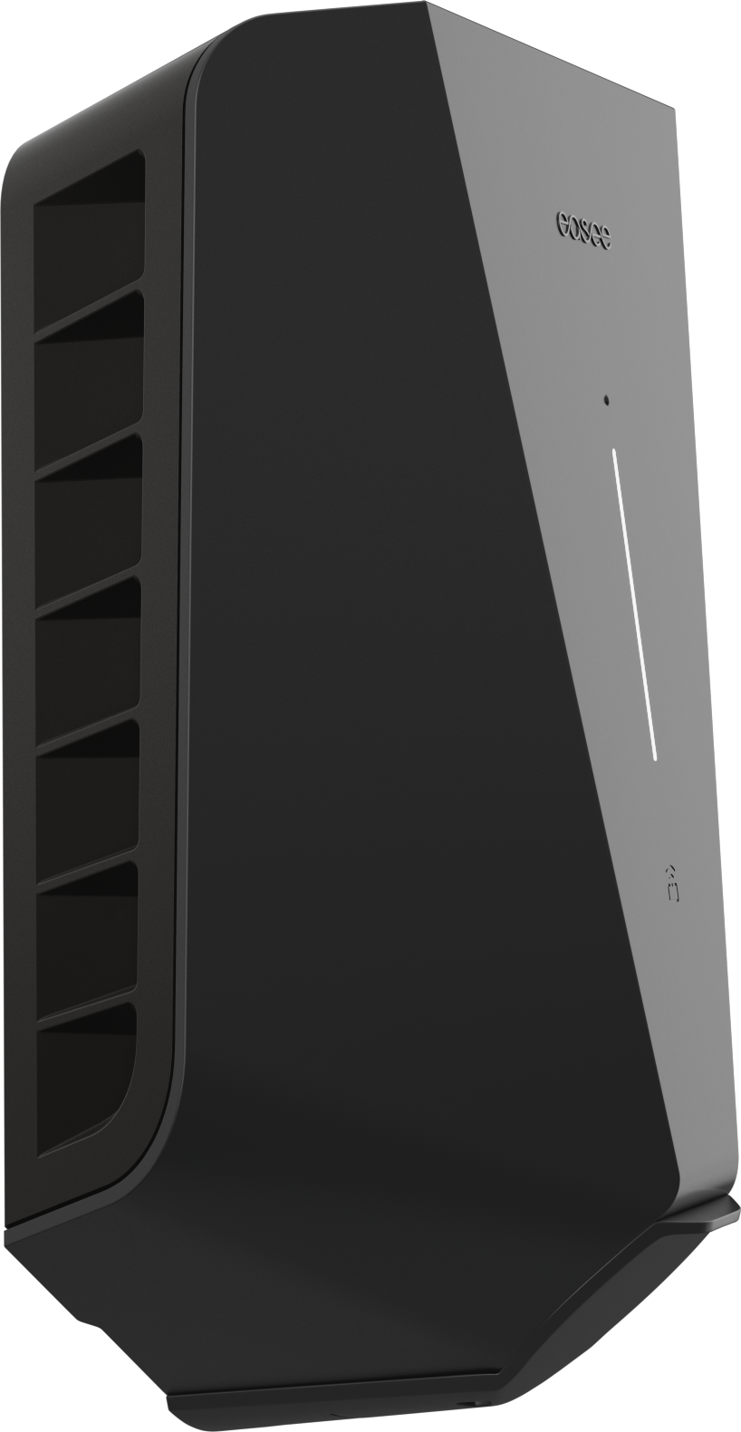 Een slank, zwart verticaal apparaat met geventileerde zijkanten en een slank LED-lampje - ideaal als de Easee Charge Up Slimme EV Thuislader 22kW Type 2 - Zwart om thuis op te laden.