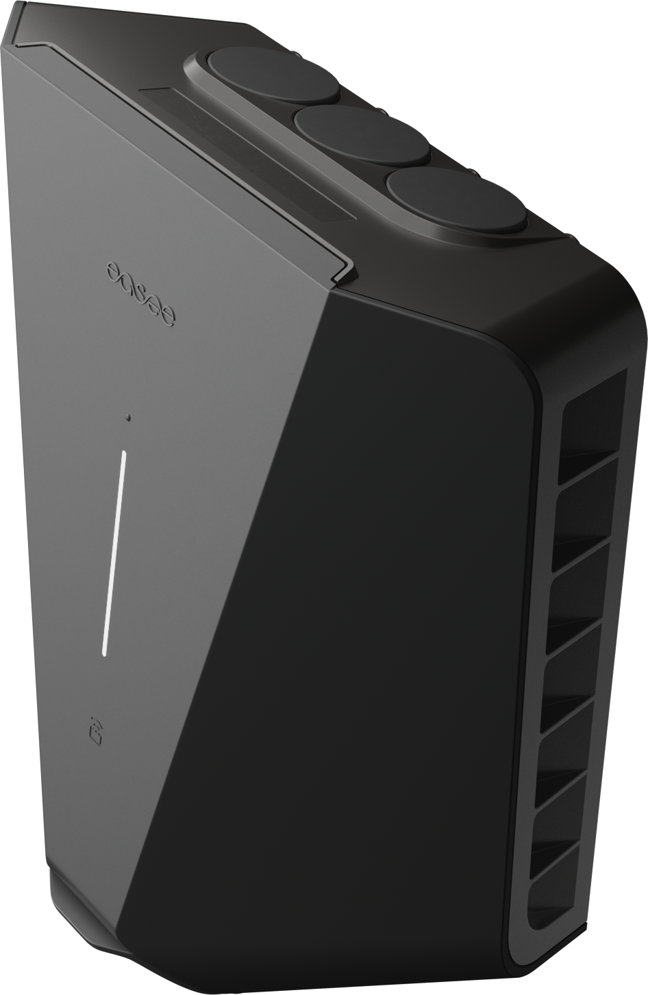 Een slanke, zwarte Easee Charge Up Slimme EV Thuislader 22kW Type 2 - Zwart met geventileerde zijkanten, drie knoppen bovenop en minimalistische details aan de voorkant, die doen denken aan een toekomstbestendig laadstation.