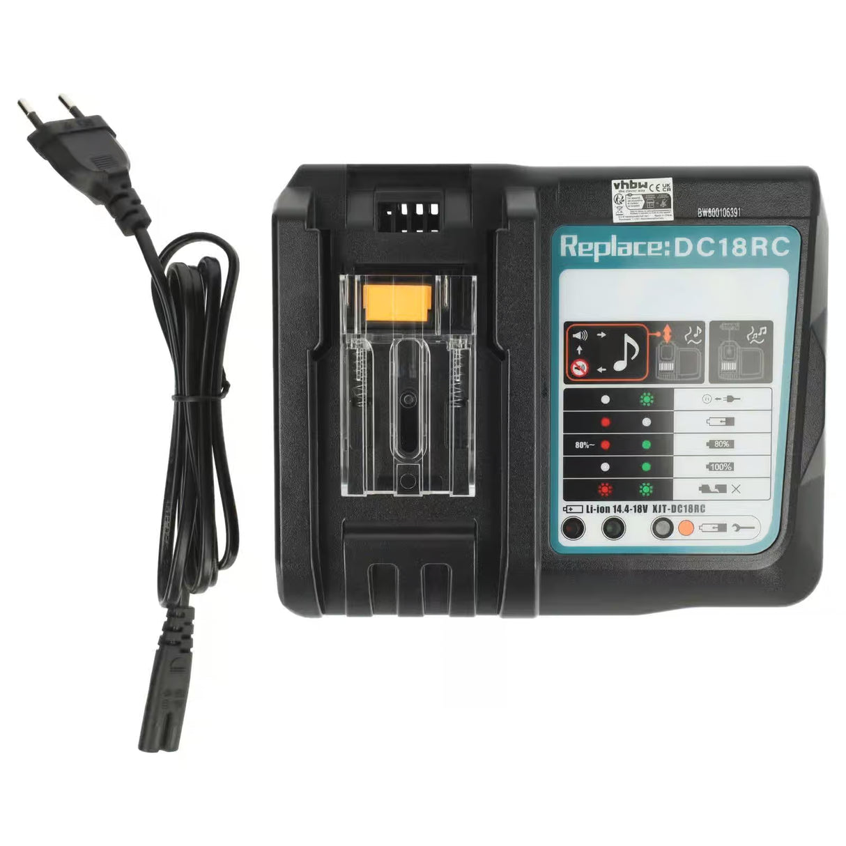 Een zwarte Makita / Dolmar Universele Acculader 14,4V-18V LXT (Li-ion) (DC18RC/DC18SD), met netsnoer, indicatielampjes en instructiepaneel - geschikt als Li-ion oplader voor Makita of Dolmar gereedschap.