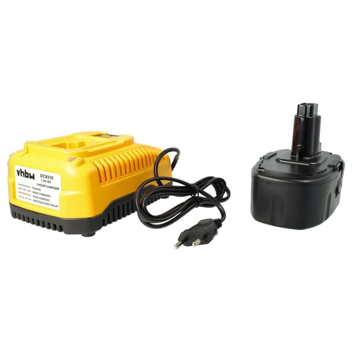 Een gele vhbw-acculader met een zwart netsnoer zit naast een DeWalt DC9180 vervangende accu, beide weergegeven op een witte achtergrond.
