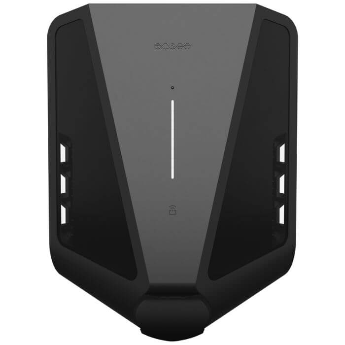 De Easee Charge Max 22kW oplaadpunt elektrisch voertuig is een zwarte, aan de muur gemonteerde EV-lader met een slank driehoekig ontwerp, verticale LED-strip en slotpictogram. Het ondersteunt laadpaal thuis installatie en levert tot 22kW MID-gecertificeerd opladen.