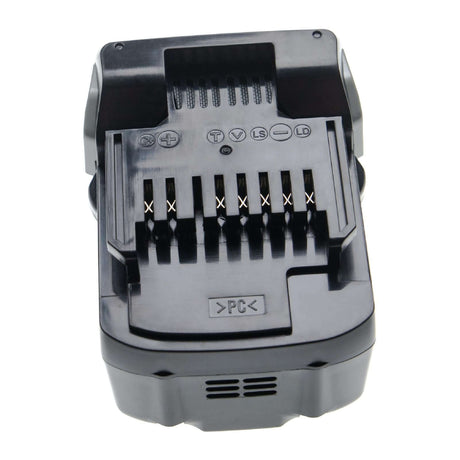 Een close-up van de Hitachi 14,4V Li-Ion Accu Vervanging (compatibel met BSL1415/1430/1450/1460 & Hikoki gereedschap), met metalen contacten, labels en ventilatieopeningen tegen een witte achtergrond.