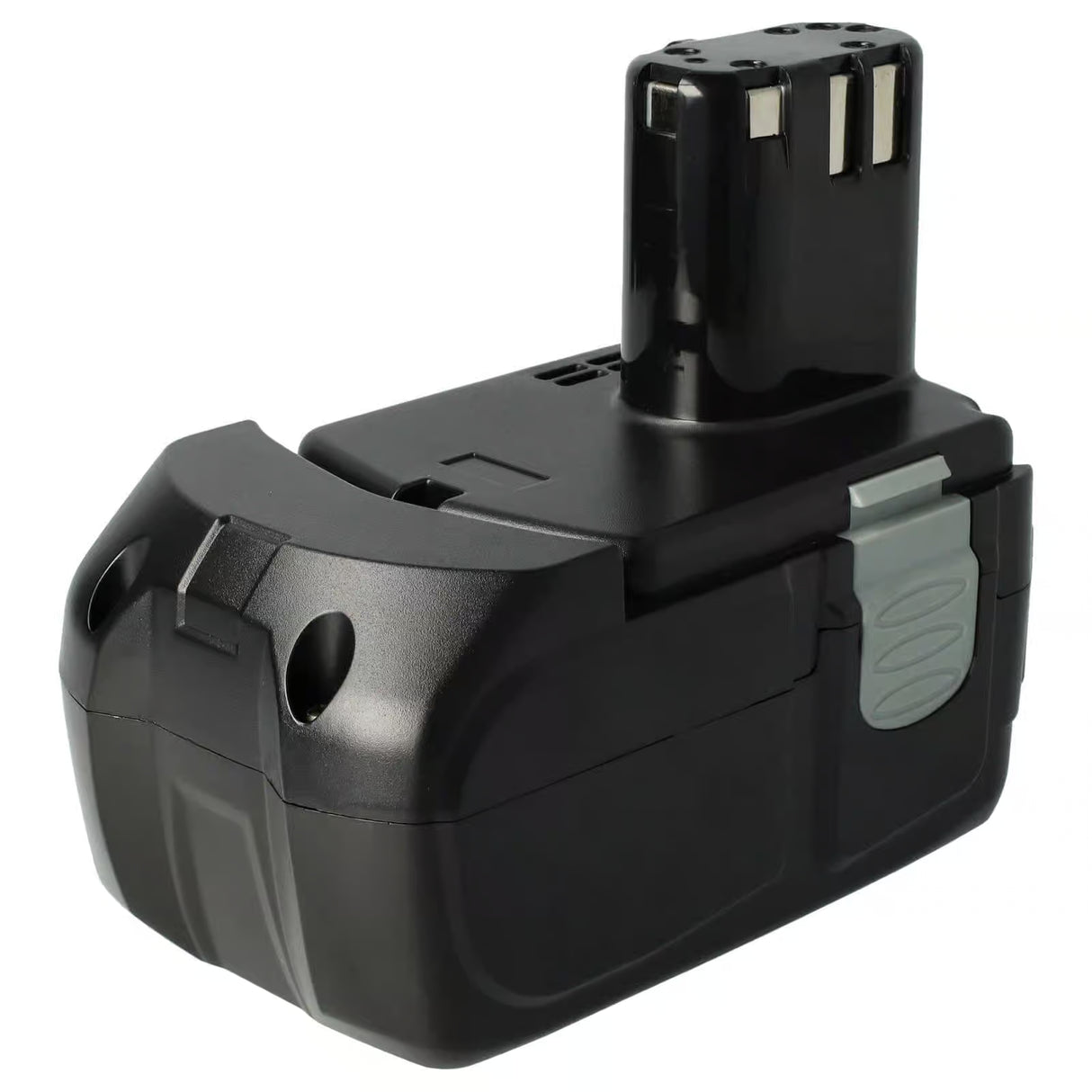 De Hitachi 18V Li-Ion accu - vervangt BSL1830, BSL1850, 326240, 327731 is een zwarte rechthoekige oplaadbare accu voor elektrisch gereedschap met een grijze zijclip en metalen contactpunten aan de bovenkant.