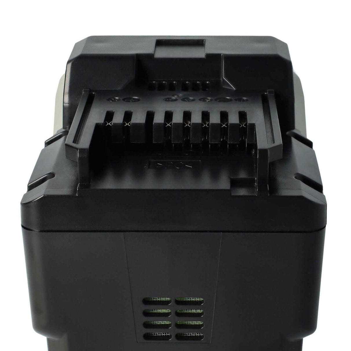 Close-up van een zwarte Hitachi 25,2V Li-Ion accu accugereedschap accu (vervangt BSL2530, BSL2540, 328033, 328034, BSL2520) met zichtbare aansluitklemmen en ventilatiesleuven, gezien vanaf de bovenkant onder een lichte hoek aan de voorkant.