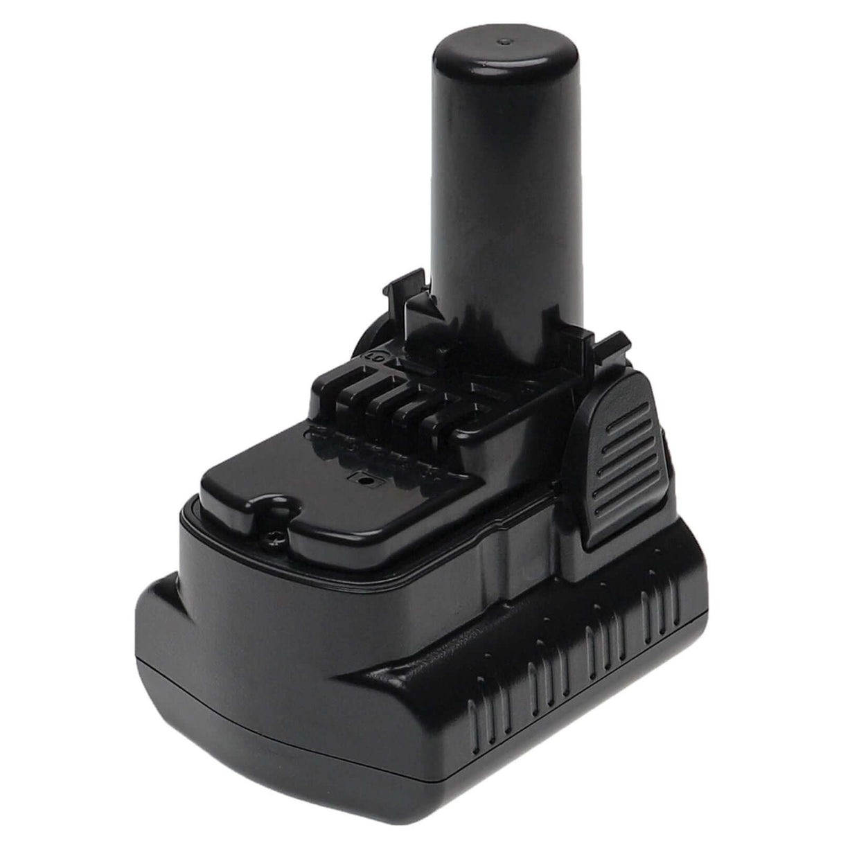 Een zwarte oplaadbare batterij met cilindrische bovenkant en rechthoekige basis, compatibel als een Hitachi/Hikoki 10,8V accu vervanger-vervangt 329369, 329370, 329371, BCL 1015 en BCL 1030 voor draadloos gereedschap.