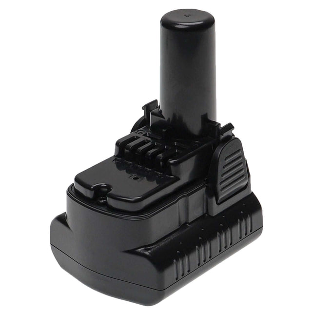 Een zwarte oplaadbare batterij met cilindrische bovenkant en rechthoekige basis, compatibel als een Hitachi/Hikoki 10,8V accu vervanger-vervangt 329369, 329370, 329371, BCL 1015 en BCL 1030 voor draadloos gereedschap.