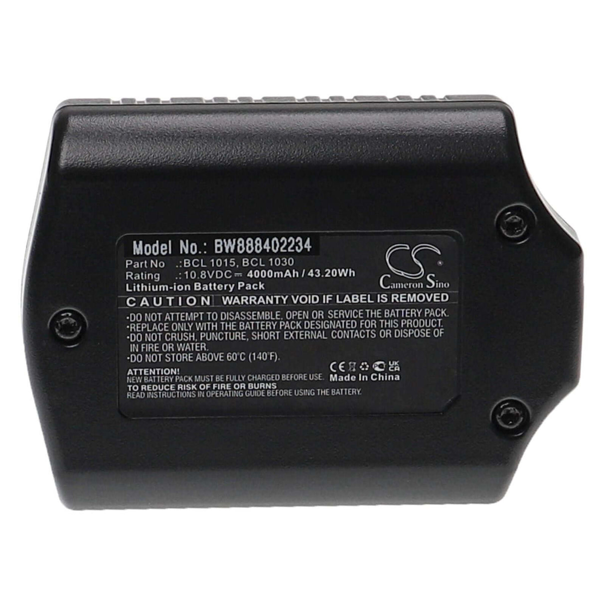 Een zwarte lithium-ion batterij met het label BW888402234, 10,8VDC, 4000mAh, dient als een Hitachi / Hikoki 10,8V accu vervanger - vervangt 329369, 329370, 329371, BCL 1015, BCL1030. Label bevat waarschuwingen en instructies in witte tekst.