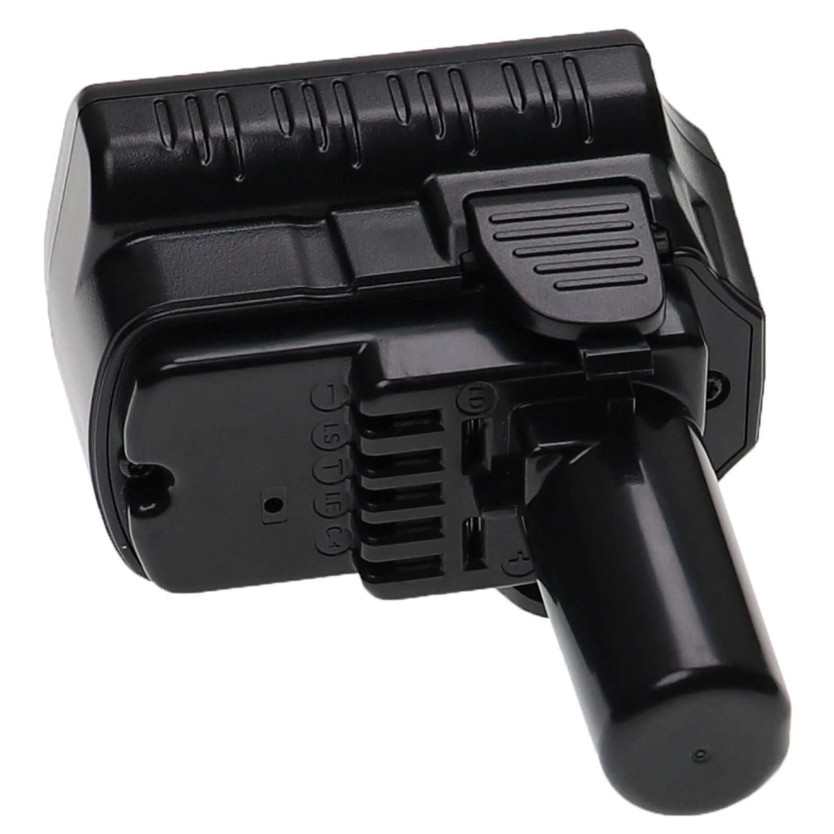 Een close-up van een zwarte Hitachi / Hikoki 10,8V accu vervanger batterij (vervangt 329369, 329370, 329371, BCL 1015, BCL 1030), met de connector en het vergrendelingsmechanisme tegen een witte achtergrond.