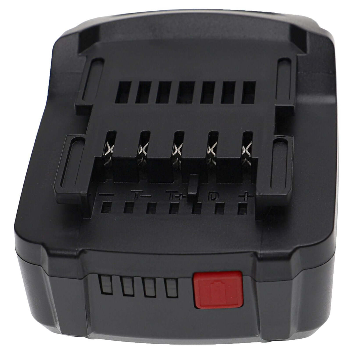 Een zwarte lader met metalen contacten, rode knop en indicatielampjes aan de voorkant voor Metabo 18V accu vervanger 6.25457 (voor BS 18 LT), ter vervanging van 6.25469, 6.25499, 625341000 en 625457000 accu's voor elektrisch gereedschap.