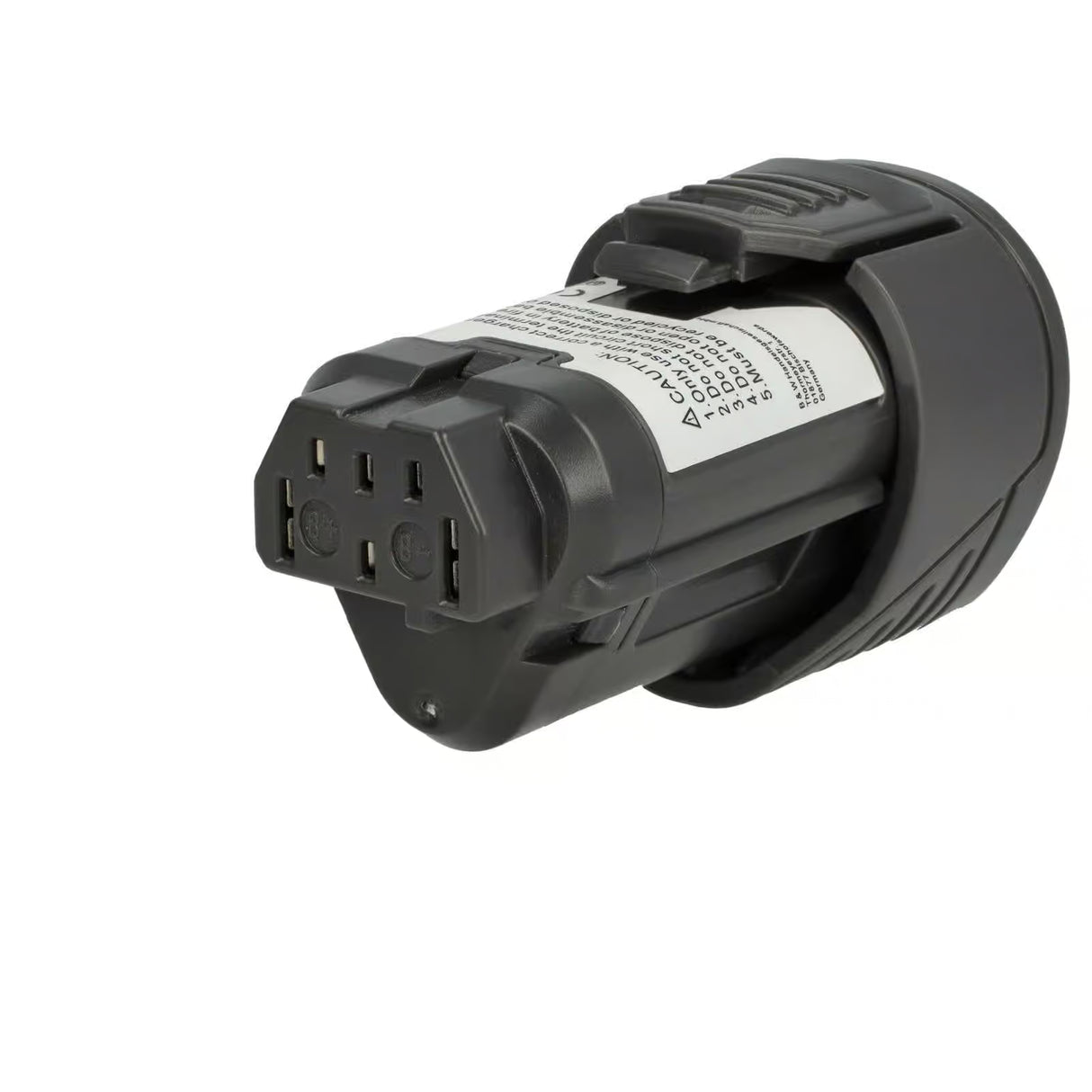 Close-up van de Milwaukee M12 Accu Li-ion (4932352824 / M12B2 / M12B4), zwarte vervangingsbatterij, met een zichtbaar etiket met technische details, aansluitingen en vergrendelingsmechanisme onder een hoek.