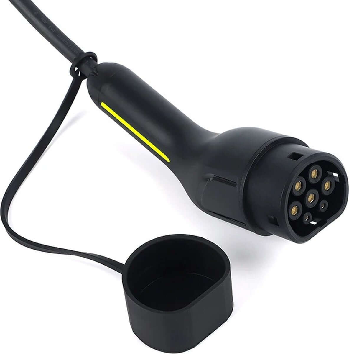 Een zwarte Mobiele thuislader EV-lader Type 2 3x16A 11kW timer met digitaal display, voorzien van een geel gestreepte stekker met aangehechte kabel en afneembare kap aan een riem, afgebeeld op wit - perfect voor het thuis opladen van EV's.