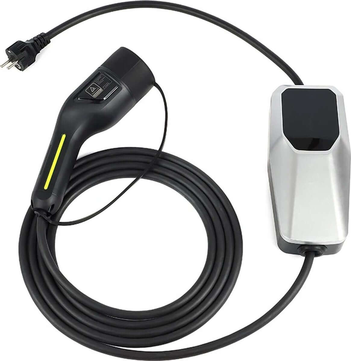 Een Mobiele thuislader EV-lader Type 2 3x16A 11kW met timer en digitaal display, met een zwarte kabel, Type 2-stekker, zilver-zwarte regelkast en CEE-aansluiting, netjes opgerold op een witte achtergrond.