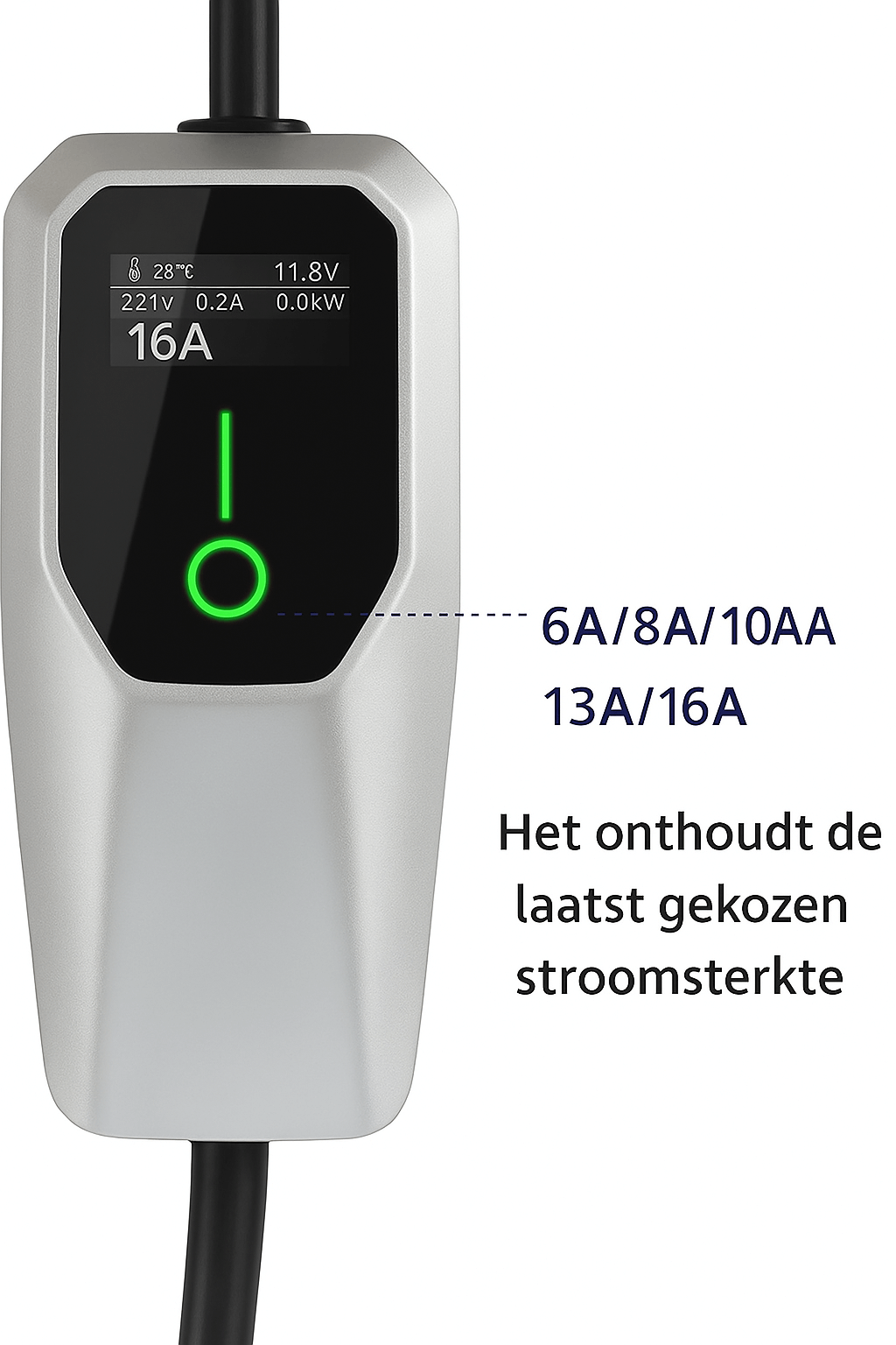 De Mobiele thuislader EV-lader Type 2 3x16A 11kW heeft een display met stroomopties (6A, 8A, 10A, 13A, 16A), aan/uit-knop en onthoudt de laatst gekozen instelling. Geschikt voor CEE 16A 3-fase en Type 2-stekker.