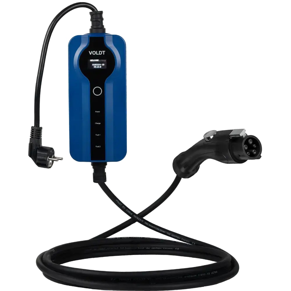 Een blauwe en zwarte 🇳🇱 Mobiele lader Type 1 | Schuko 3.7kW | Regelbaar 8A-16A, met controlebox en stroomindicatorlampjes, heeft aan één kant een 230V Schuko-stekker en aan de andere kant een Type 1 connector, losjes opgerold.