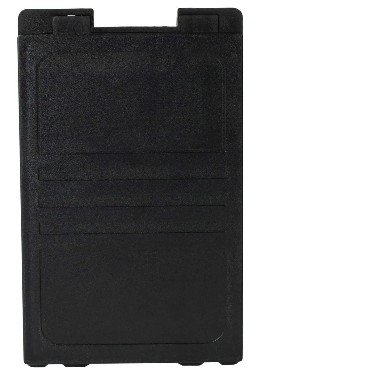 Een gesloten, zwarte, rechthoekige plastic draagkoffer met een gestructureerd oppervlak staat rechtop tegen een witte achtergrond, ontworpen om de Accu vervanging voor Autec MH0707L / NC0707L - geschikt voor UTX97 zender in te bewaren.