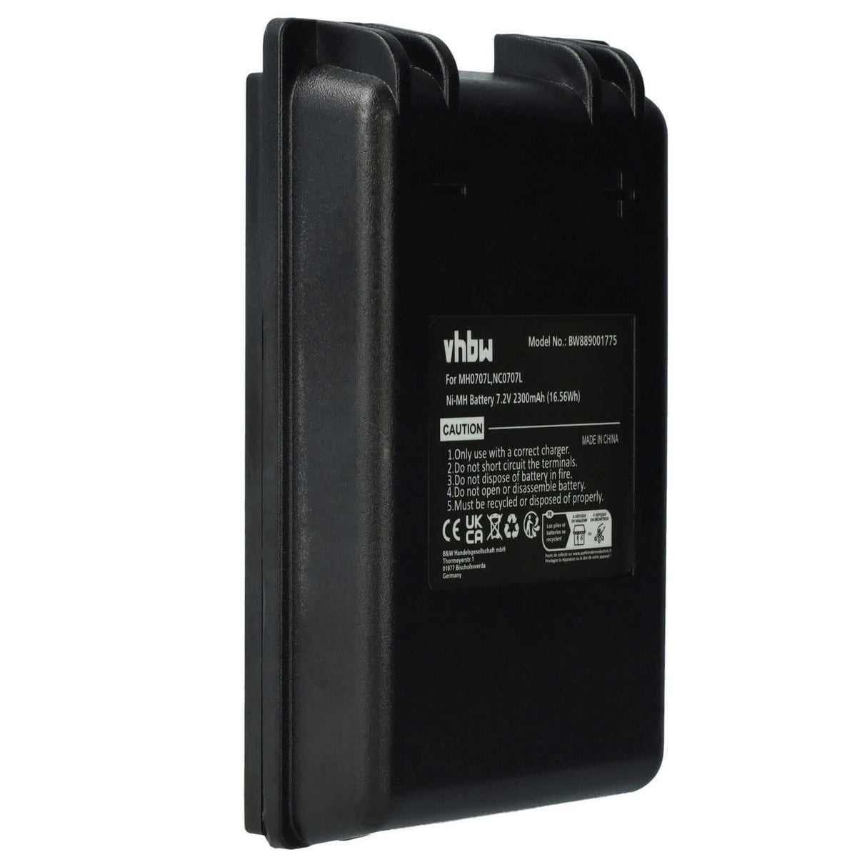 Een zwarte rechthoekige oplaadbare batterij voor industriële afstandsbediening, gelabeld vbhu 21,6V 2100mAh met veiligheidsinstructies. Compatibel als Accu vervanging voor Autec MH0707L/NC0707L-geschikt voor UTX97 zender, vervangt o.a. MH0707L, NC0707L, MH707L, CB71.F.