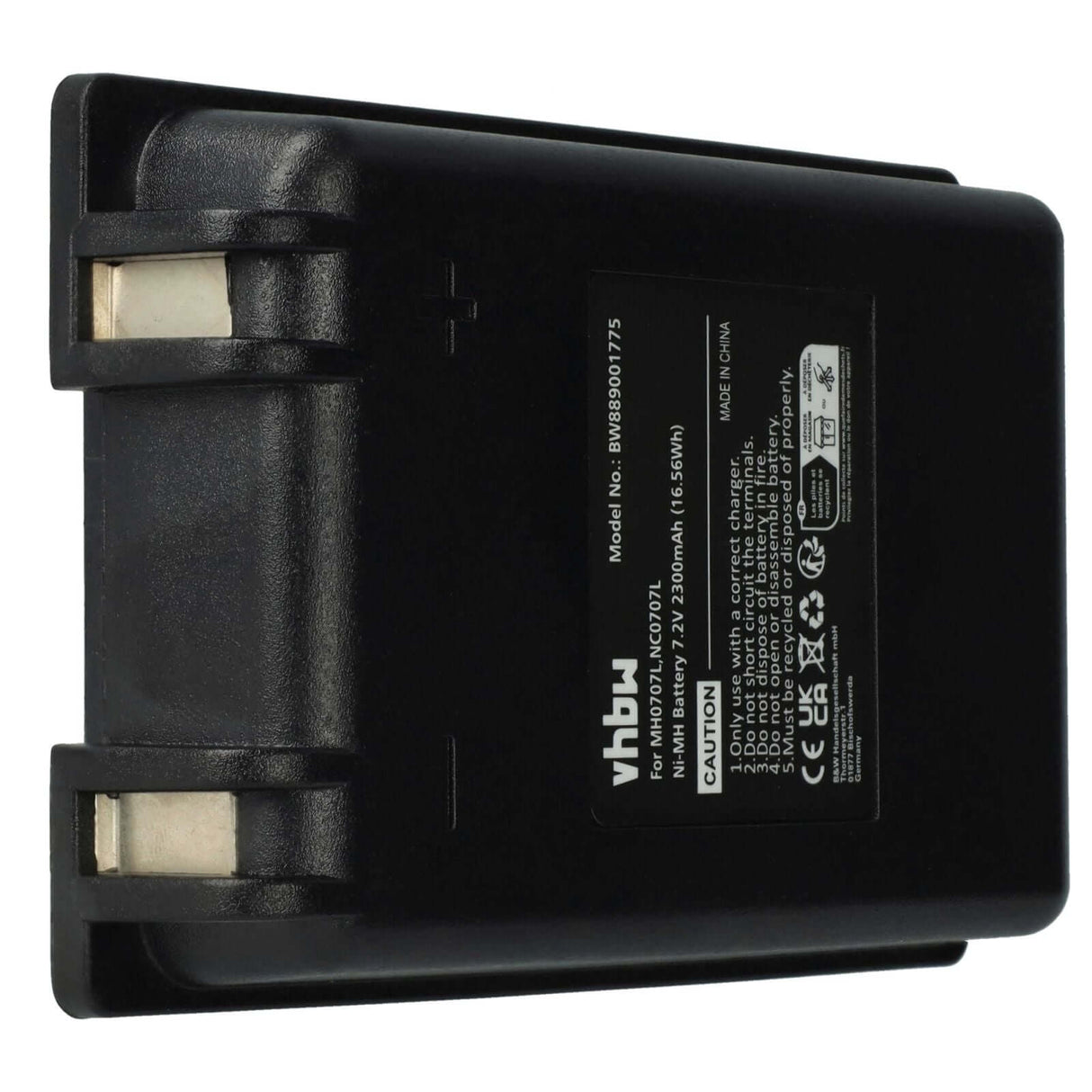 Een zwarte vhbw NiMH accu vervanging voor Autec MH0707L/NC0707L (UTX97 zender, 7.2V, 2200mAh) met zichtbare metalen connectoren en label-ideaal als vervangende accu voor industriële afstandsbediening, vervangt o.a. MH707L, CB71.F.