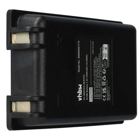 Een zwarte vhbw NiMH accu vervanging voor Autec MH0707L/NC0707L (UTX97 zender, 7.2V, 2200mAh) met zichtbare metalen connectoren en label-ideaal als vervangende accu voor industriële afstandsbediening, vervangt o.a. MH707L, CB71.F.