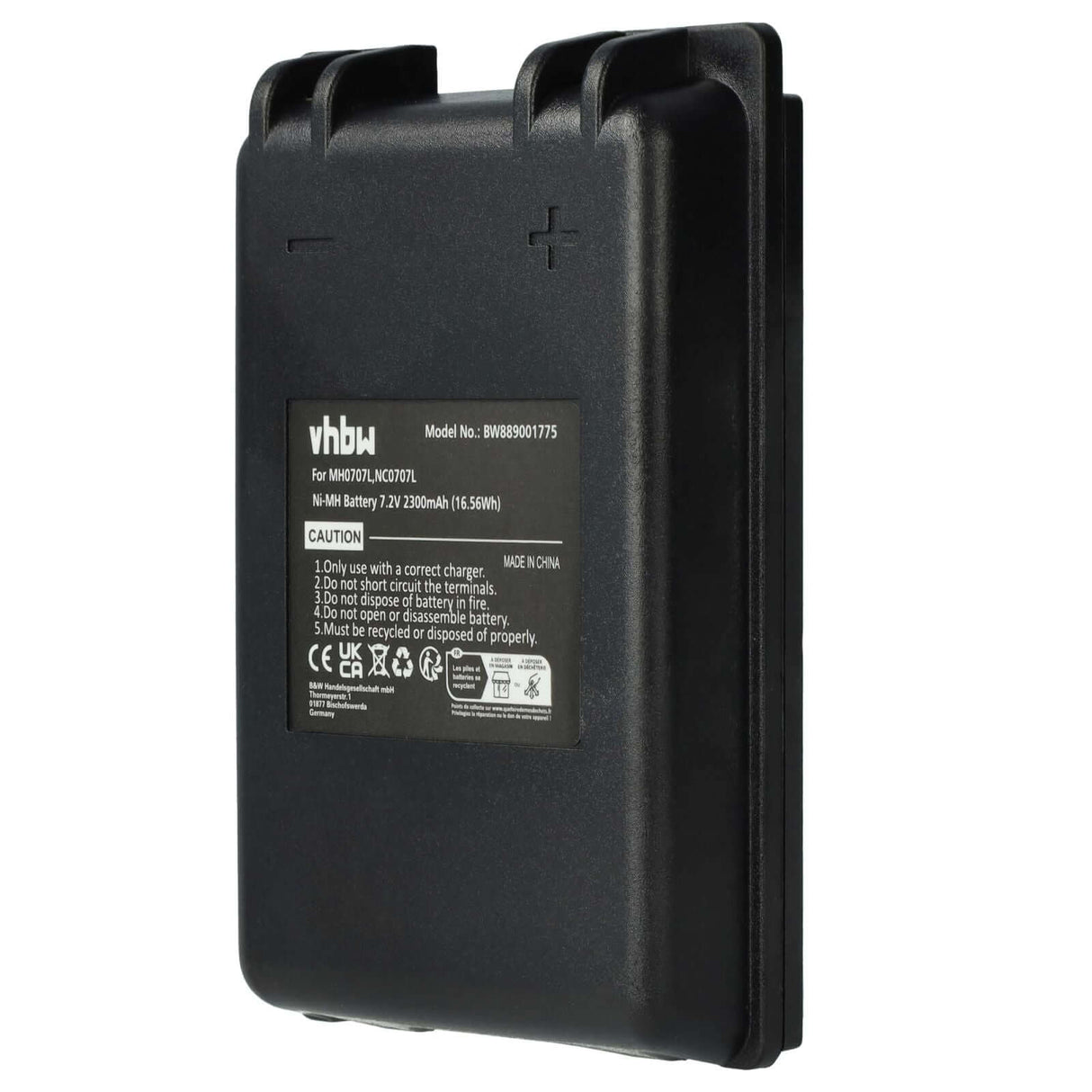 Zwarte NiMH accu, label met model BW88900775, 7,2V 3500mAh, geschikt als vervanging voor Autec MH0707L/NC0707L (o.a. UTX97 zender), merk vhbu; bevat veiligheidsinstructies en waarschuwingssymbolen.