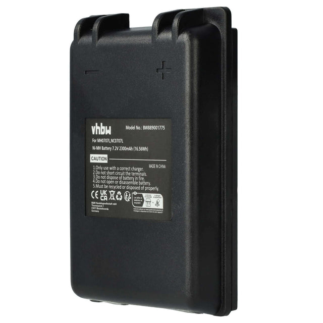 Zwarte NiMH accu, label met model BW88900775, 7,2V 3500mAh, geschikt als vervanging voor Autec MH0707L/NC0707L (o.a. UTX97 zender), merk vhbu; bevat veiligheidsinstructies en waarschuwingssymbolen.