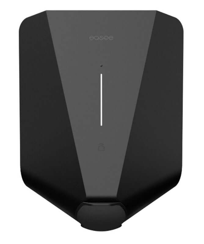 De Easee UP 22kW oplaadpunt elektrisch voertuig is een strakke, zwarte wandlader met minimalistisch design, verticale LED-indicator en subtiel logo - een slimme laadoplossing voor elke elektrische auto.