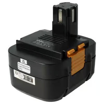 Een zwarte Panasonic 15.6V Ni-MH accu (vervangt EY9231B, EY9136, EY9230B, EY9225, EY9239, EY9106, PA1564) met oranje ontgrendelingslipjes en een specificatielabel is afgebeeld tegen een witte achtergrond.