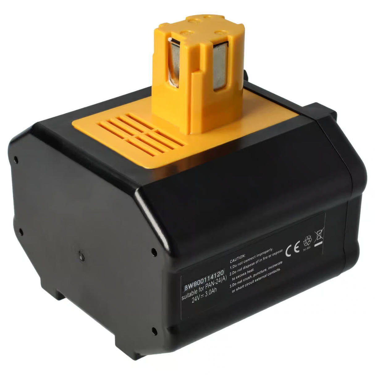 Een zwart met gele oplaadbare Panasonic 24V Ni-MH accu vervanging, compatibel met EY9210, EY9210B, EY9116B batterij en geschikt voor Panasonic EY7810, EY7950 gereedschap; ideaal als vervangende accu voor uw boorhamer.
