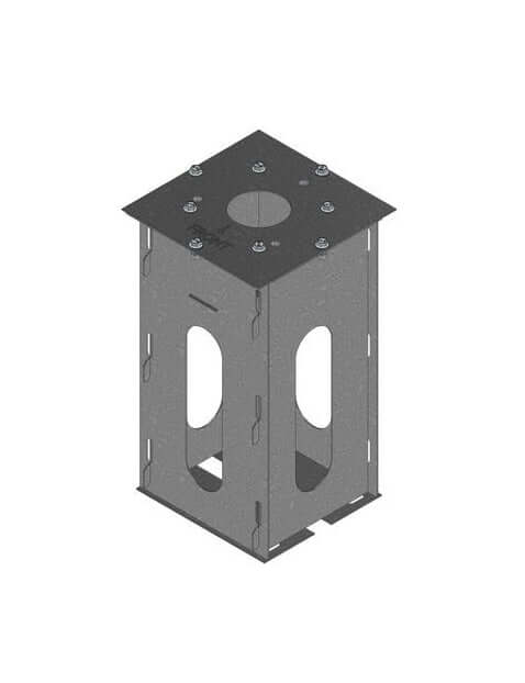 De Ratio Universele Sokkel voor laadpaal is een metalen steun met een vierkante bodemplaat, een centraal rond gat, bouten en verticale zijkanten met grote ovale uitsparingen voor eenvoudige installatie zonder beton.