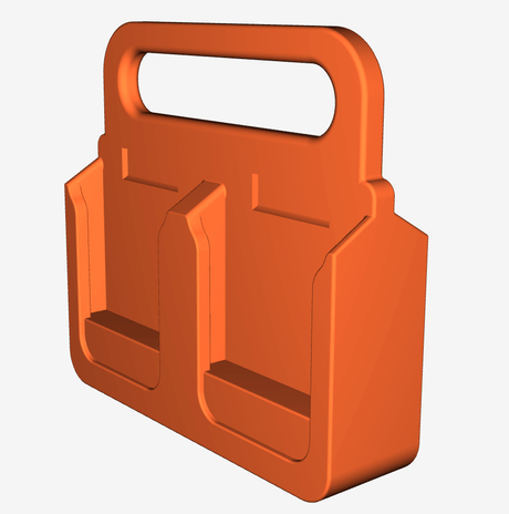 3D-rendered afbeelding van een zwarte Makita Accuhouder & Transportdrager met twee sleuven en een handvat aan de bovenkant. Het eenvoudige, functionele ontwerp is ideaal voor het organiseren of vervoeren van Makita accu's. 3D-geprinte constructie.