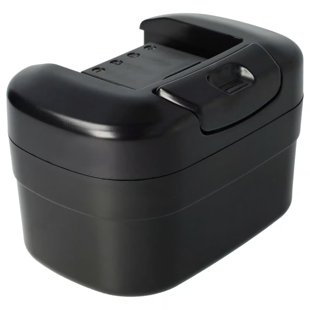 Een zwart, rechthoekig plastic apparaat met afgeronde hoeken en een vergrendeling aan de voorkant, vergelijkbaar met een Senco 14,4V Ni-MH accu (vervangt PPA014, PPA014B), compatibel met DS202, DS205 en DS212.
