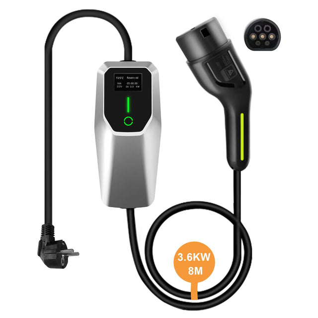 De Thuislader stopcontact type 2 1-fase 6A-16A (1,3kW-3,6kW) is een zwarte laadkabel (4, 6, 10 of 15 meter) voor elektrische auto's met een stekker en connector, afgebeeld opgerold naast een zilver en zwart mobiele thuislader unit.