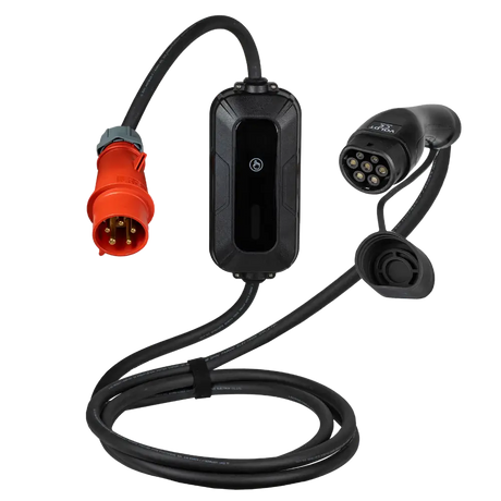 De 🇳🇱 Type 2 CEE 32A 3-Fase Mobiele Laadkabel is een verstelbare zwarte laadkabel (22kW) met een rode industriële stekker, in-line regeleenheid en zevenpolige connector. Nederlands product met 3 jaar garantie.